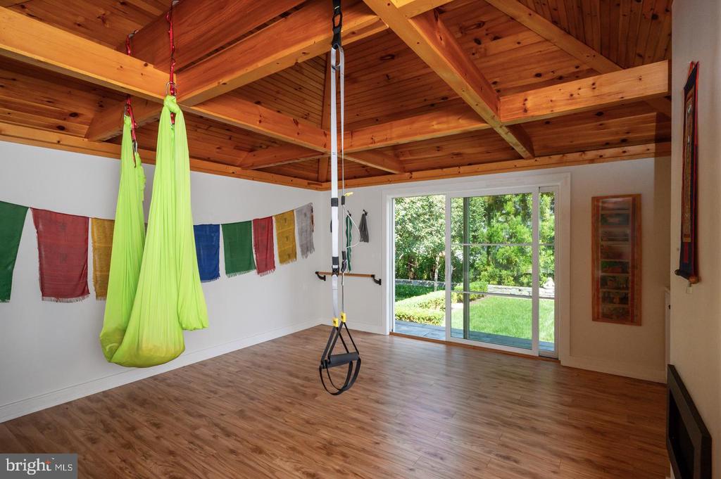 Exercise room with a vaulted wood ceiling, hanging aerial hammocks, and sliding glass doors to the yard.