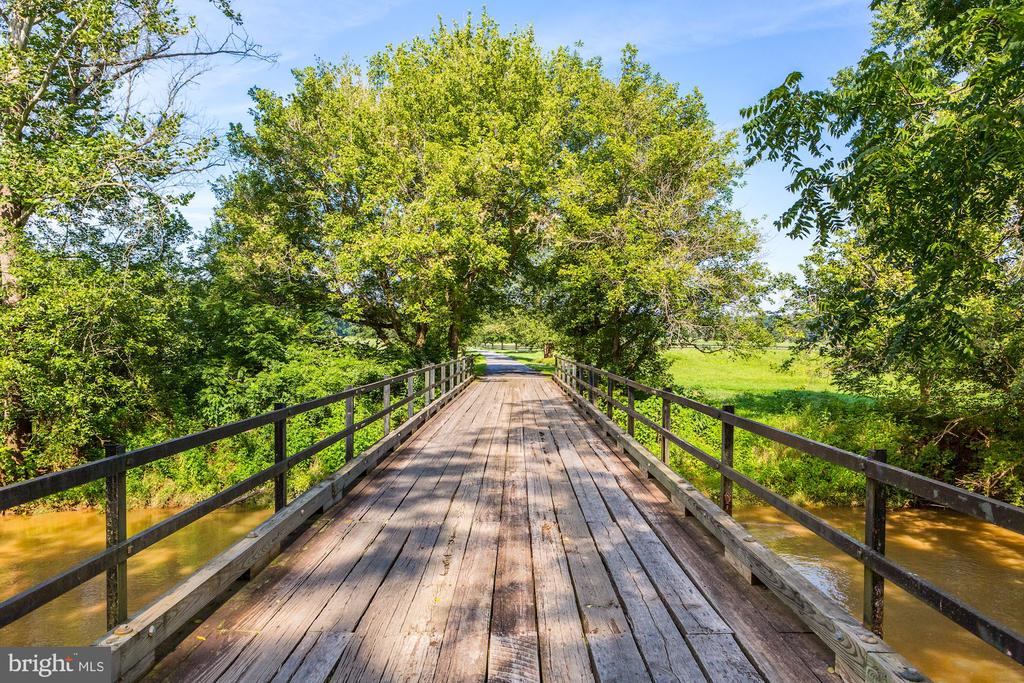 Wooden bridge crossing a creek, surrounded by leafy trees and leading to an open field.