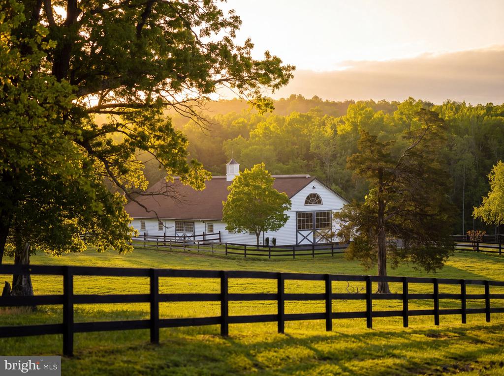 White barn behind black rail fencing, framed by trees in golden-hour light.