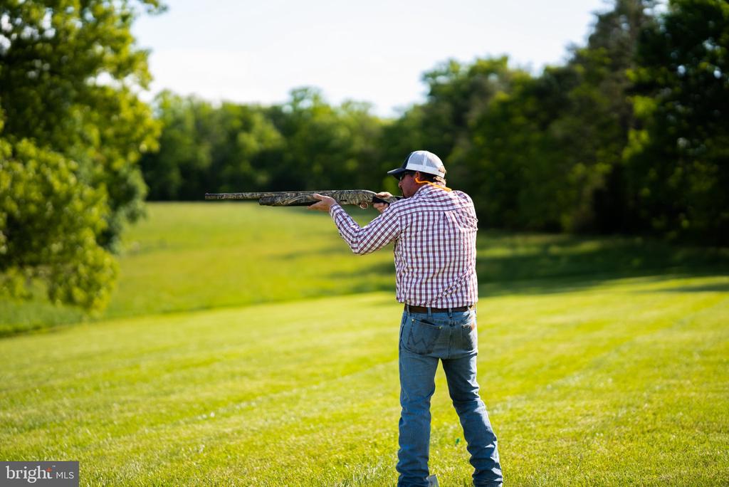 A man aims a shotgun across a sunny lawn bordered by trees.