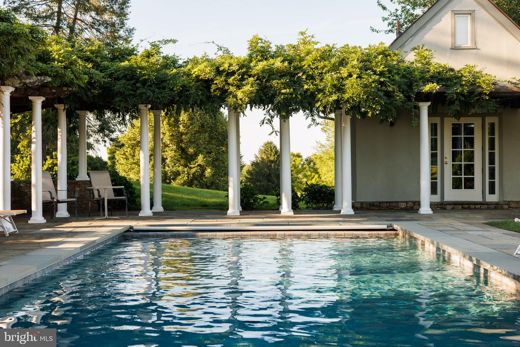 Swimming pool beside a vine-covered pergola and stone patio.