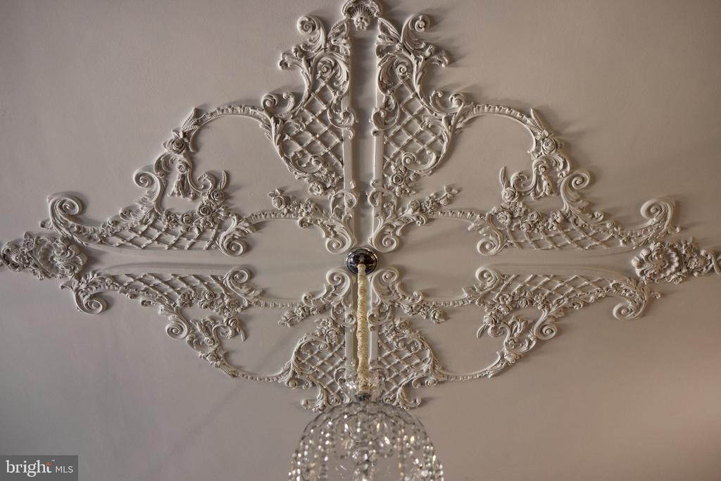 Ornate plaster ceiling medallion with elaborate scrollwork surrounding a crystal chandelier.