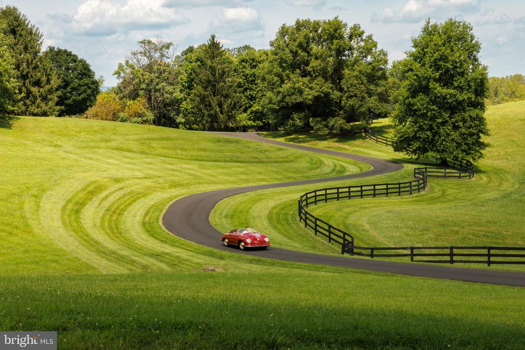 Winding driveway curves through a green estate lawn, bordered by black fencing and mature trees.