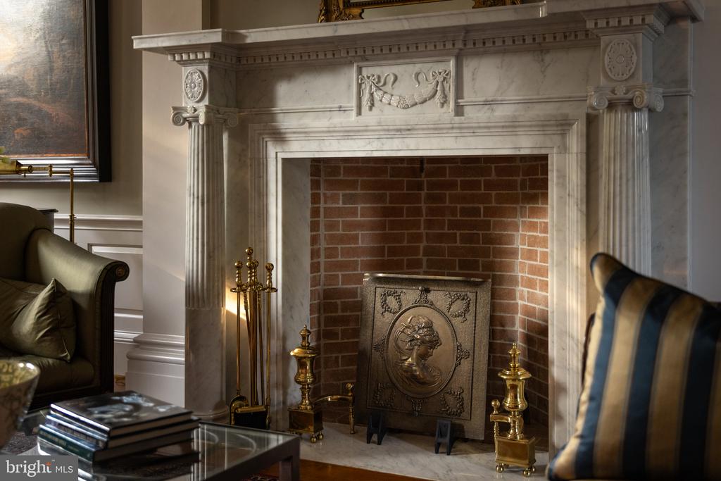 Ornate marble fireplace with a brick-lined firebox, brass tools, and carved detailing.