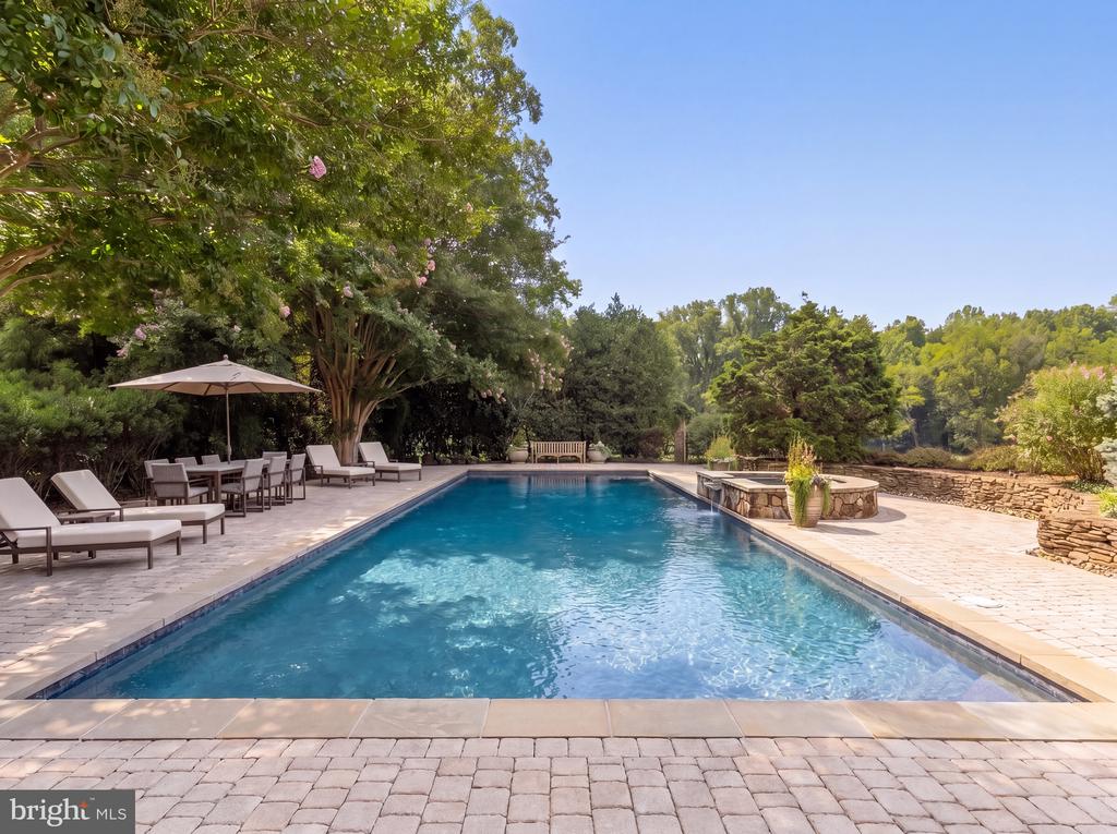 Outdoor pool with a stone patio, cushioned lounge chairs, and mature trees.