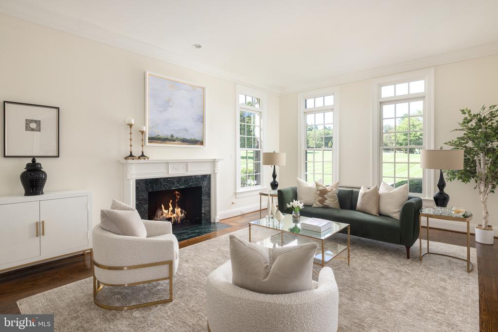 Living room with a marble fireplace, tall lawn-facing windows, and a dark green sofa.