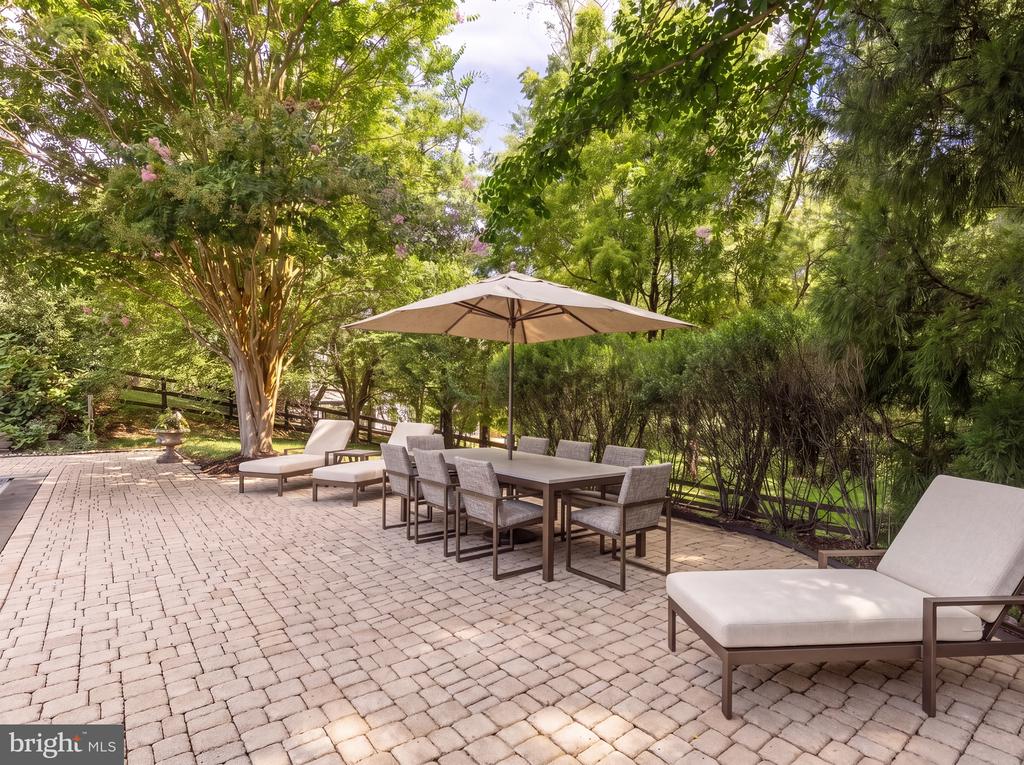 Stone patio with umbrella-covered dining table and cushioned lounge chairs, surrounded by mature trees.