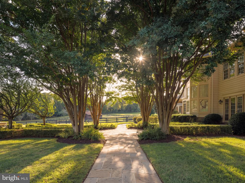 Stone walkway passes between mature trees and lawns beside a large house.