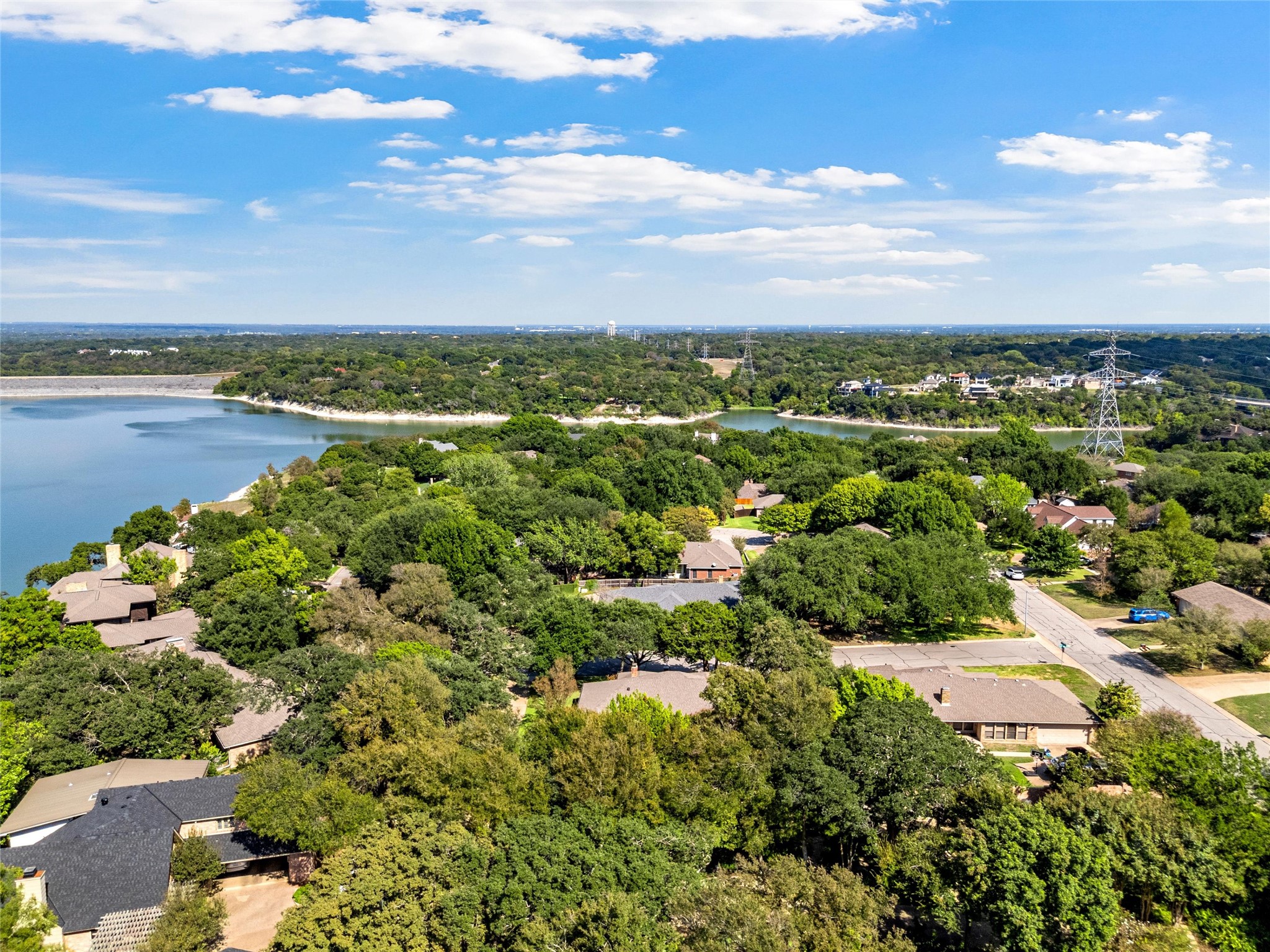 Aerial view of homes among trees beside a lake, with power lines in the distance.