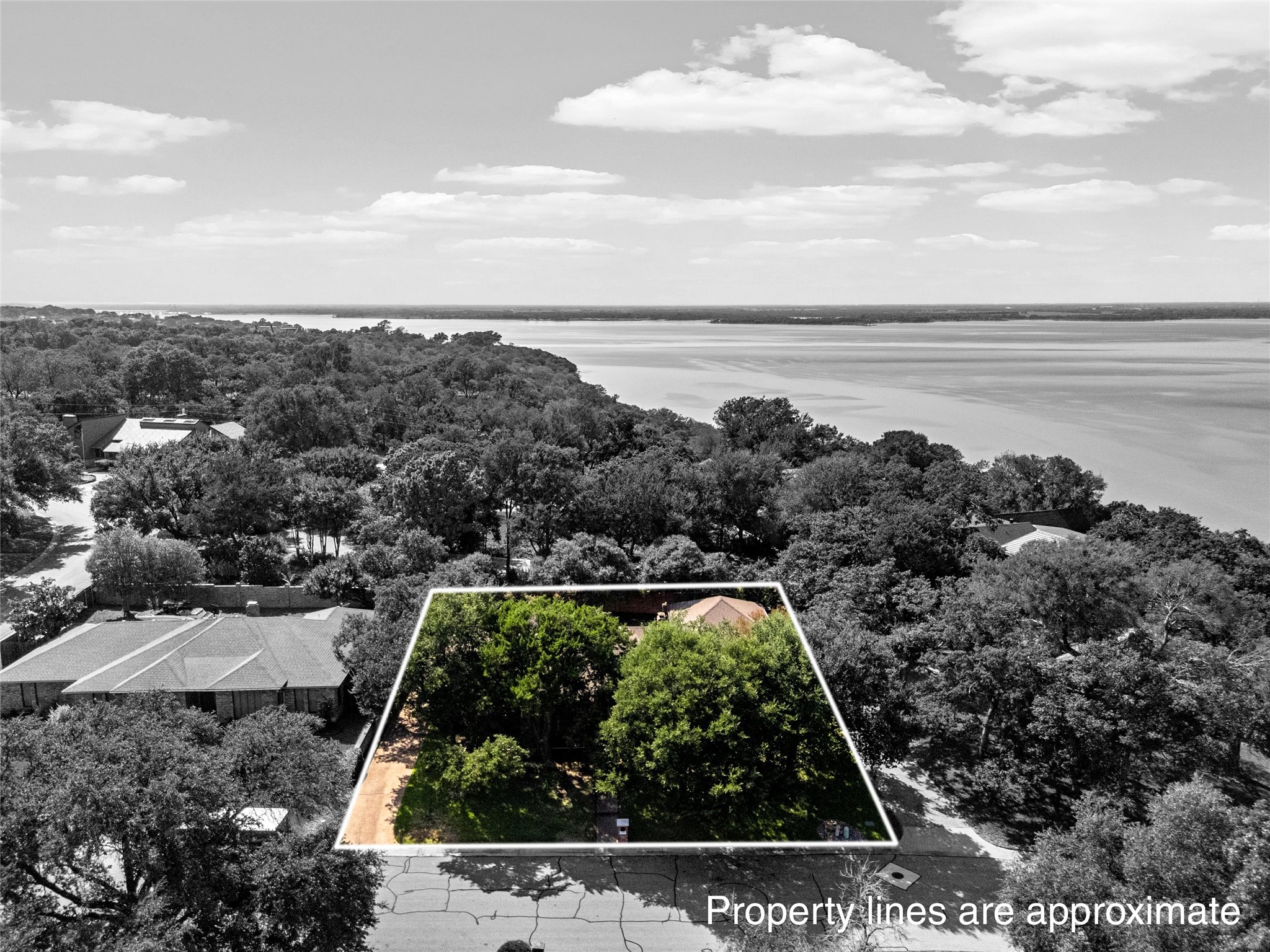 Aerial view of a tree-covered property outlined beside a large body of water.