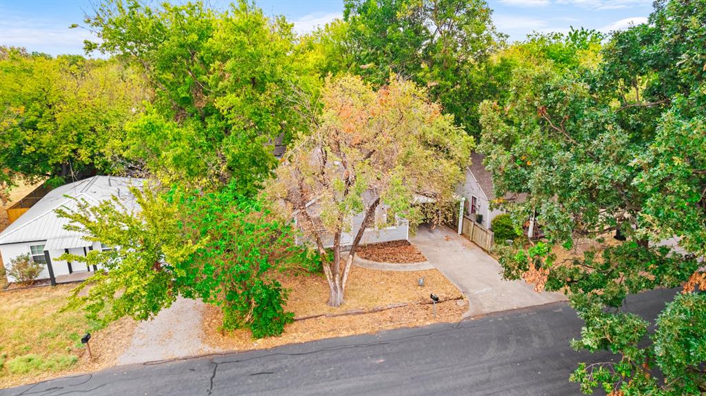 Aerial view of a tree-shaded home with a curved driveway and autumn foliage.
