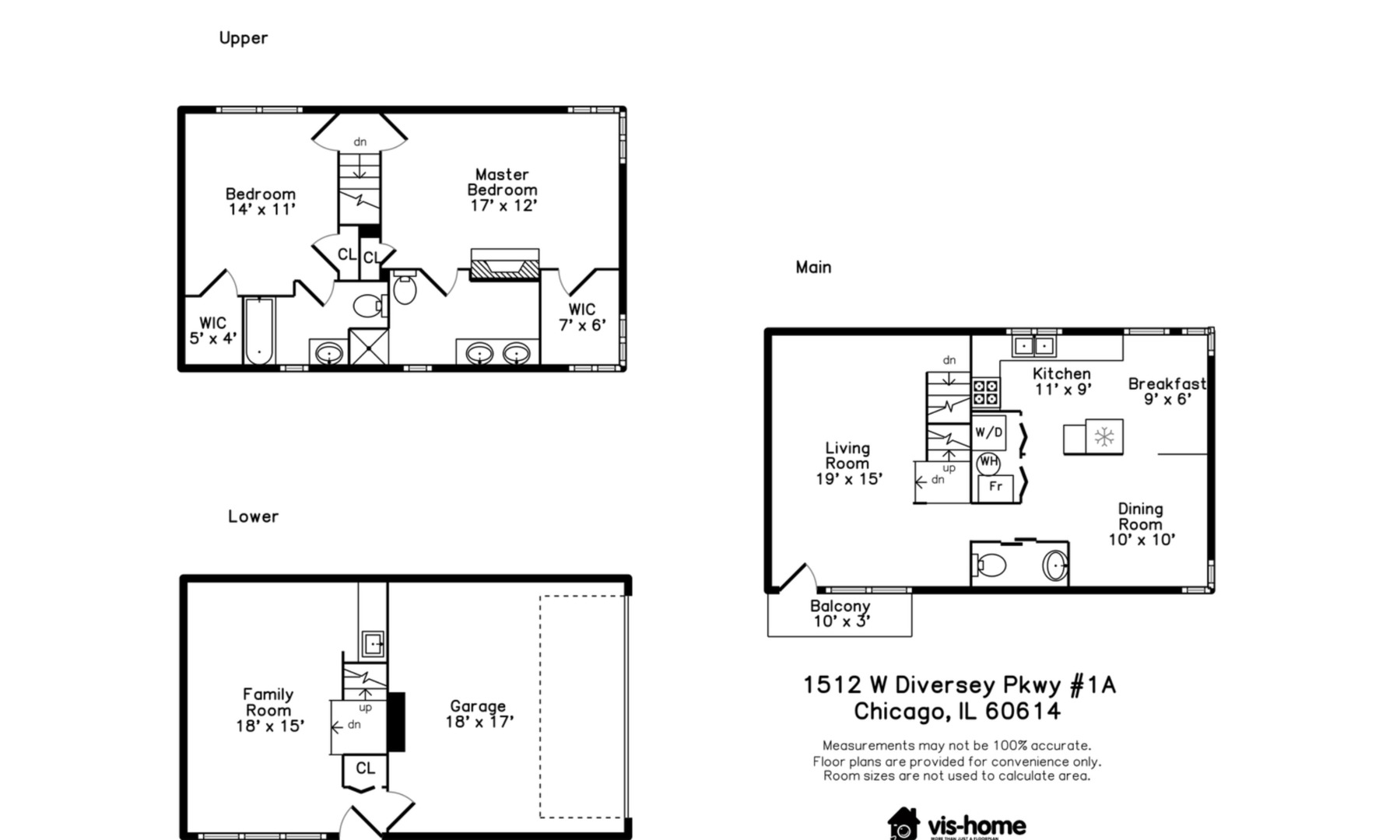 Three-level floor plan showing two bedrooms, main living areas, a lower family room, and garage.
