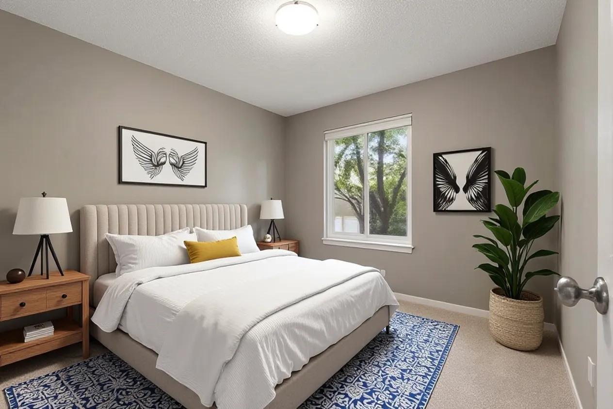 Staged bedroom with a white bed, blue patterned rug, and leafy plant beside the window.