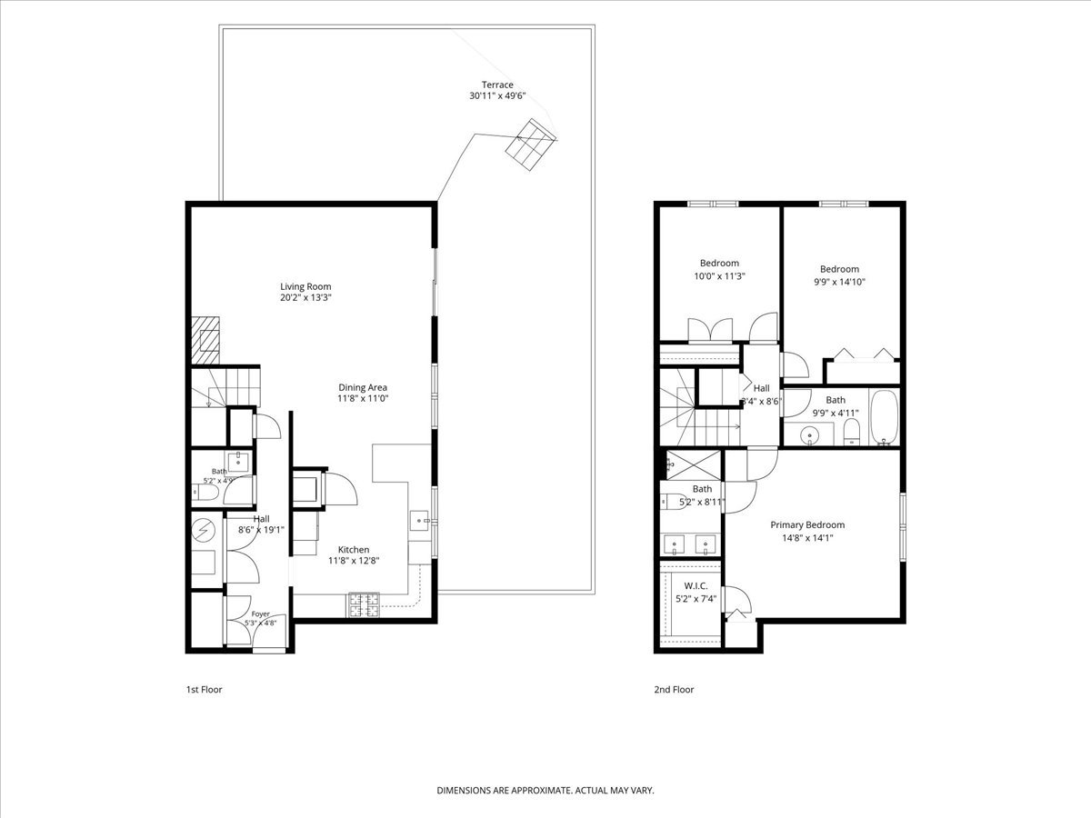 Two-story floor plan with an expansive first-floor terrace and three bedrooms on the second floor.
