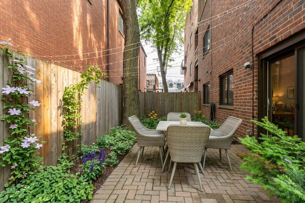 Brick courtyard patio with wicker dining set, mature tree, and flowering garden beds.