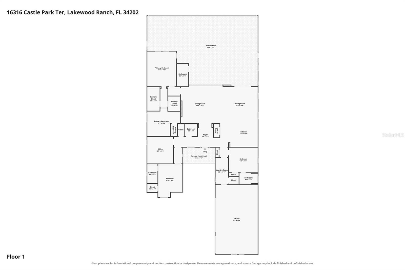 Floor plan for 16316 Castle Park Ter, with a lanai and pool, several bedrooms, and a garage.