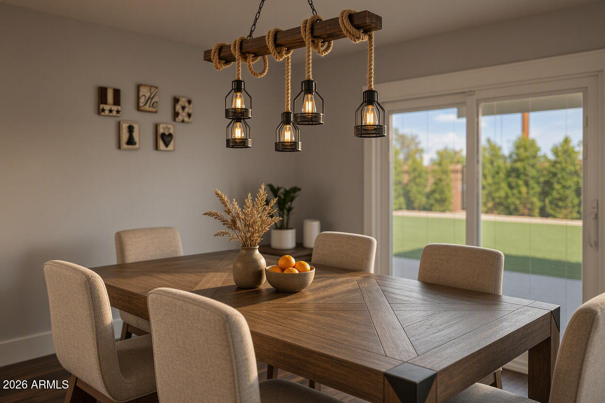 Dining room with a dark wood table, rope pendant lights, and sliding glass doors overlooking a green backyard.