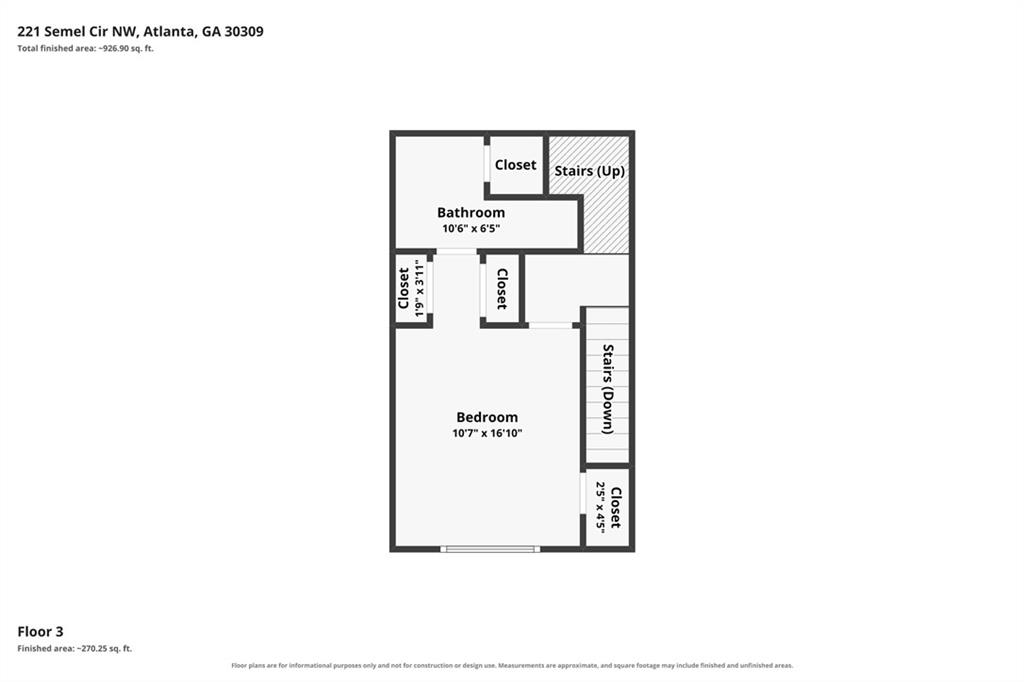 Third-floor plan showing a bedroom, bathroom, closets, and stairs.