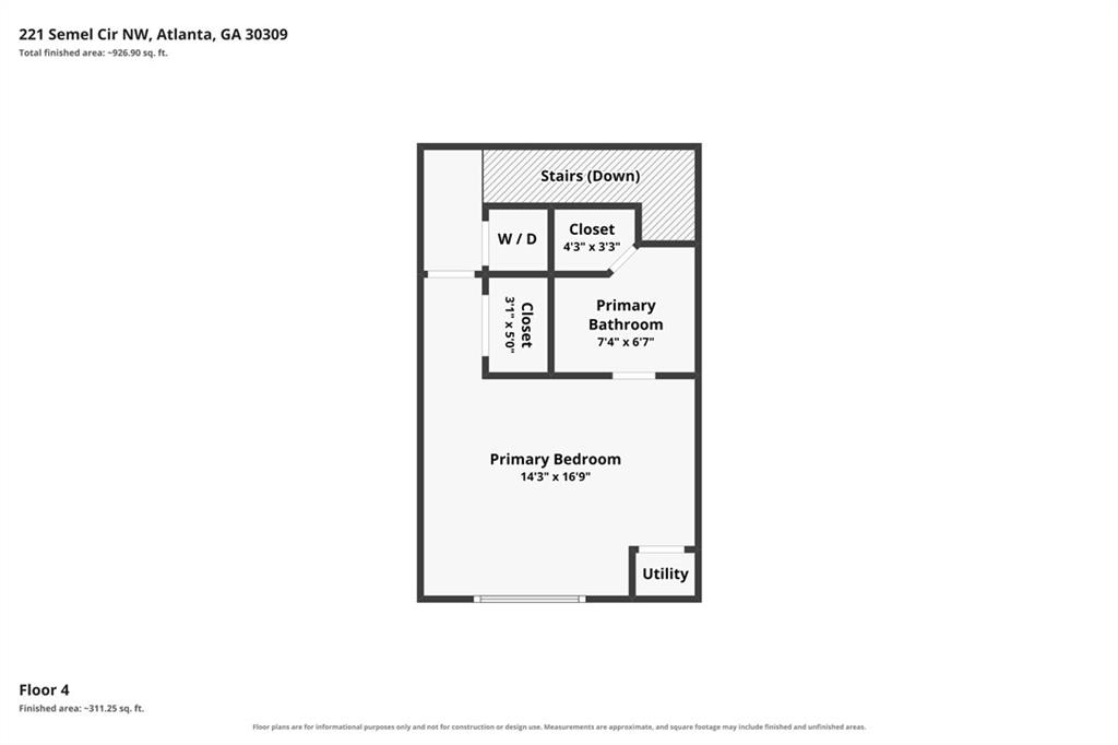 Floor 4 floor plan showing a primary bedroom, bathroom, closets, laundry, stairs, and utility area.