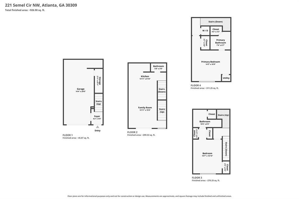 Four-level floor plan showing a garage, kitchen and family room, bedroom, and primary suite.