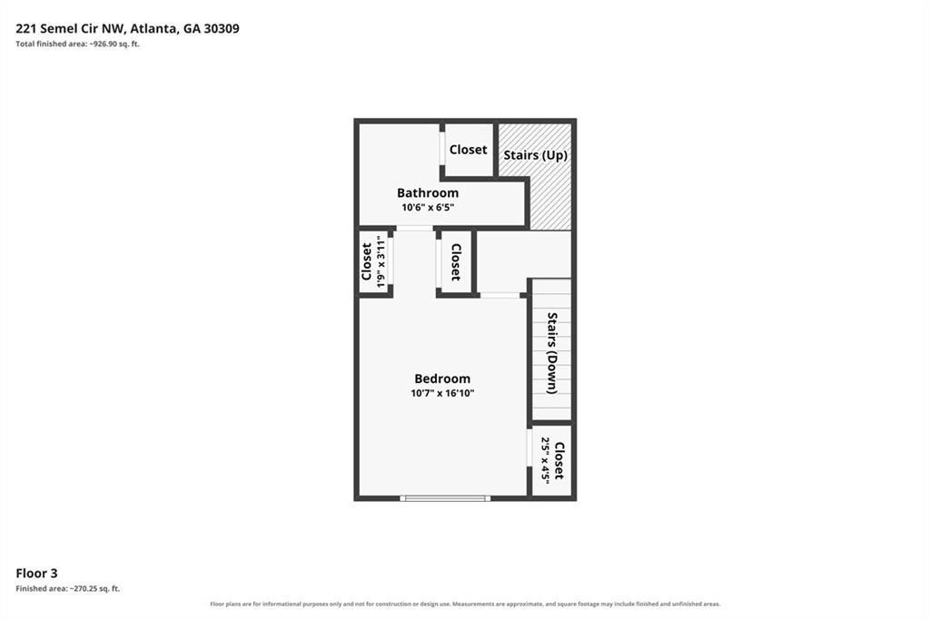 Third-floor plan showing a bedroom, bathroom, closets, and stairs at 221 Semel Circle NW.