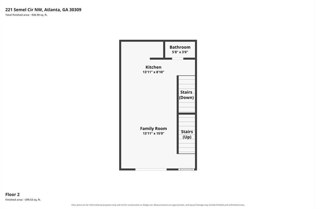 Second-floor plan showing a kitchen, family room, bathroom, and stairs at 221 Semel Circle NW, Unit 260.