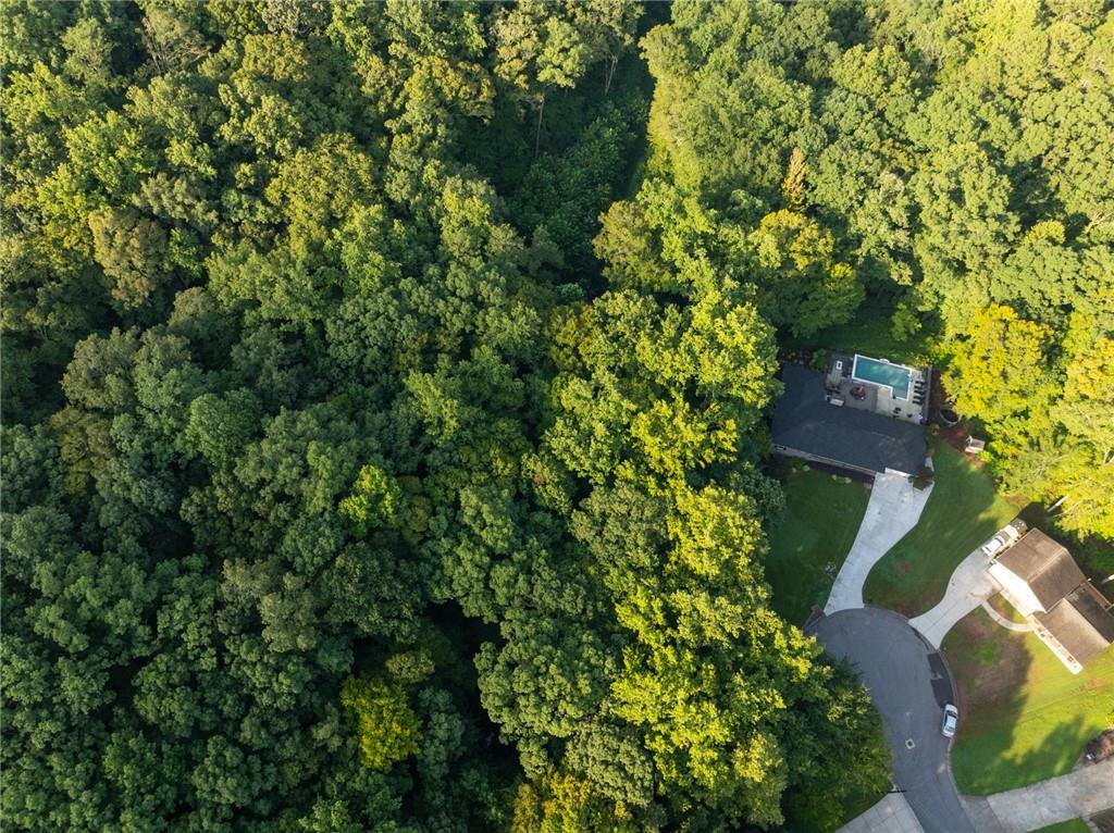 Aerial view of a home beside dense woods, with a backyard pool and curved driveway.