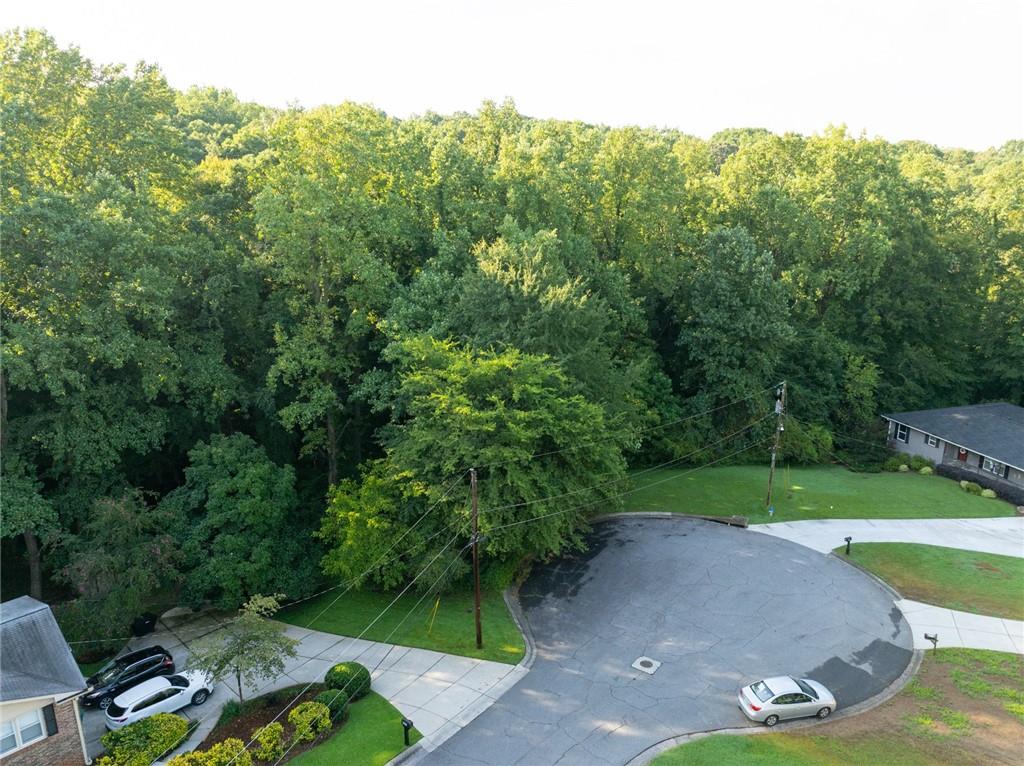 Aerial view of a wooded cul-de-sac with green lawns and neighboring homes.