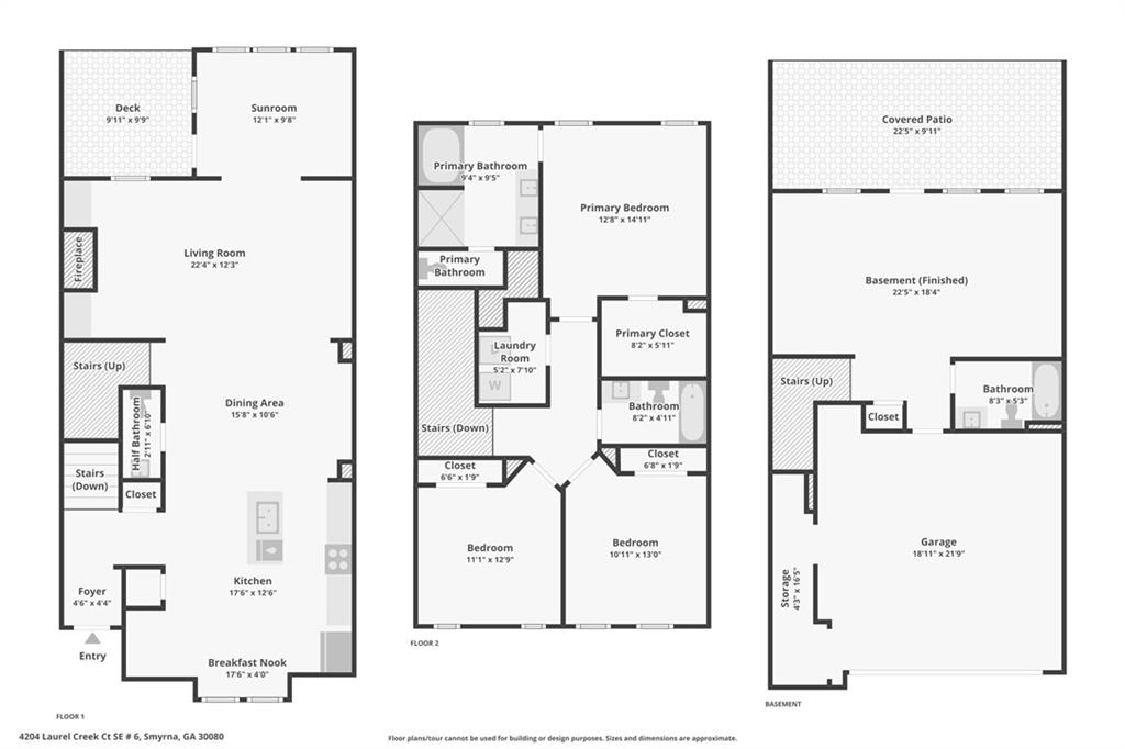 Three-level home floor plan showing living areas, three bedrooms, a finished basement, garage, deck, and covered patio.