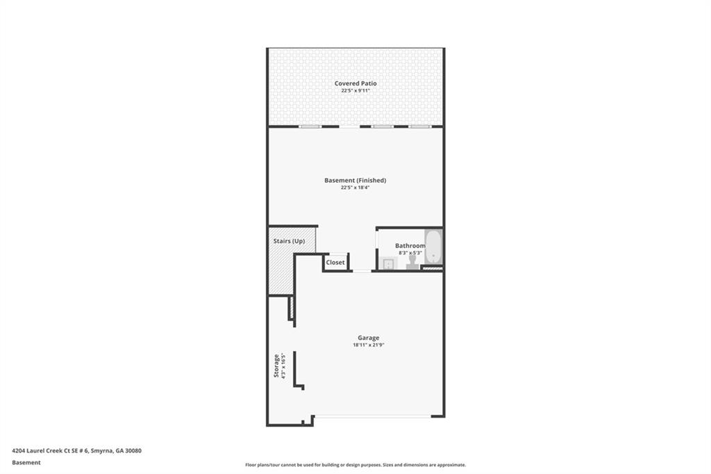 Basement floor plan with finished basement, covered patio, garage, bathroom, stairs, closet, and storage.