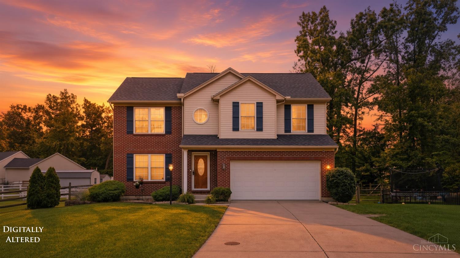 Two-story brick and beige home with a two-car garage beneath a vivid sunset sky.