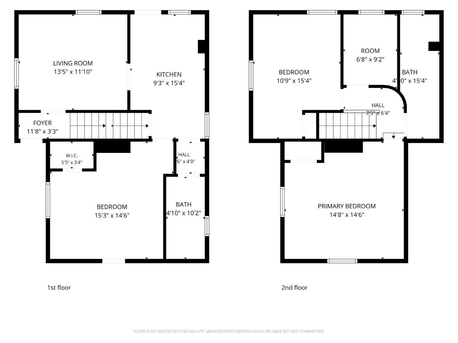 Two-story floor plan showing room layouts and dimensions for the first and second floors.