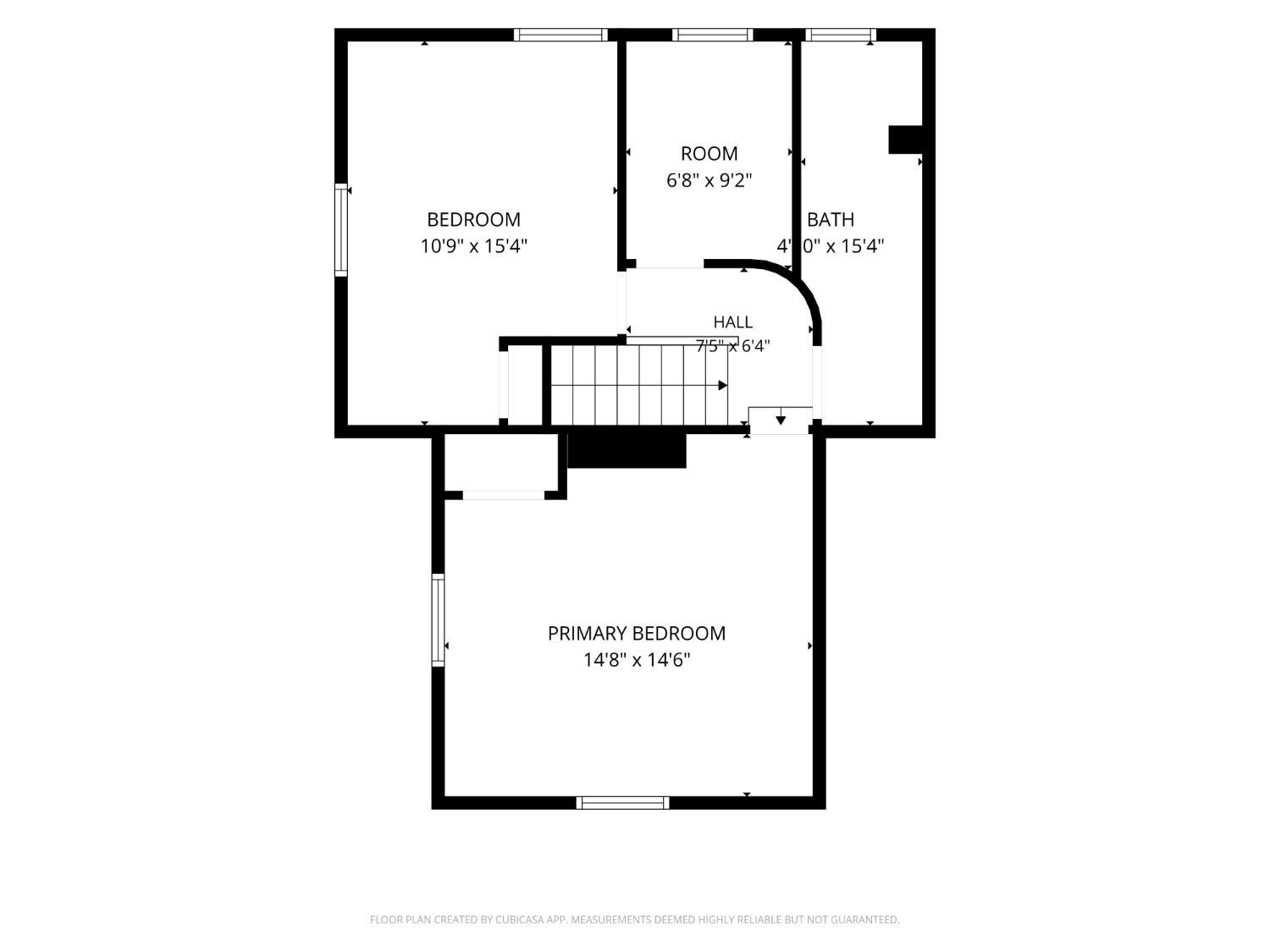 Floor plan showing a primary bedroom, bedroom, bath, and hall.