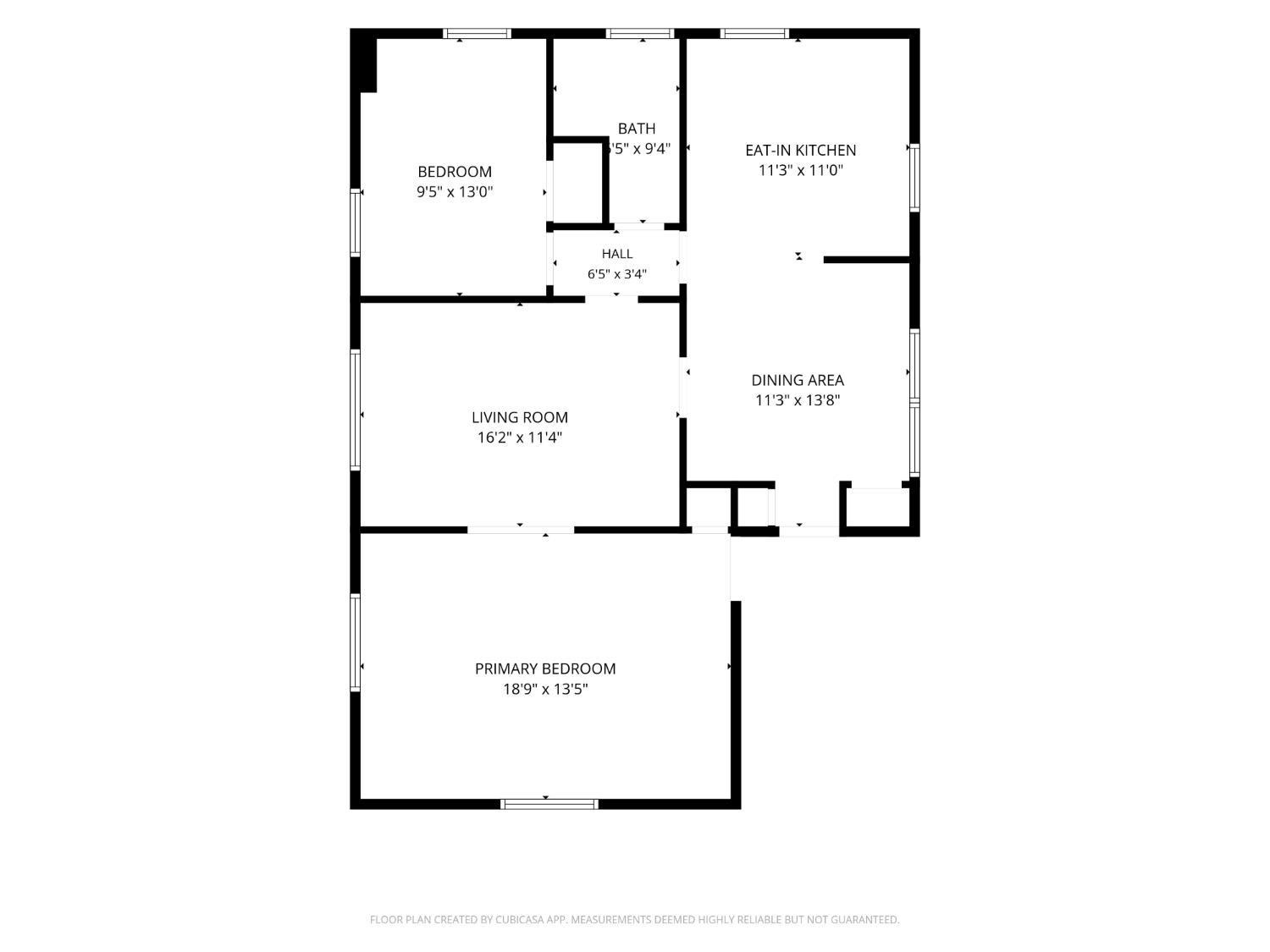 Floor plan showing a bedroom, bathroom, eat-in kitchen, living room, dining area, and primary bedroom with dimensions.