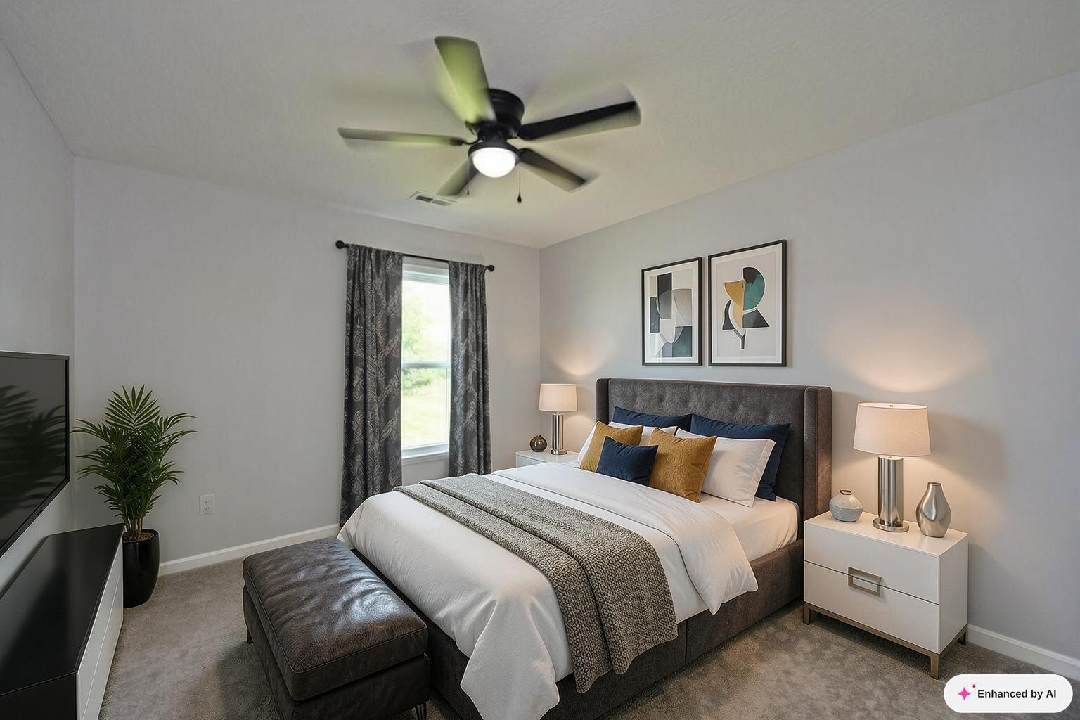 Furnished bedroom with a dark upholstered bed, blue and mustard pillows, and a ceiling fan.