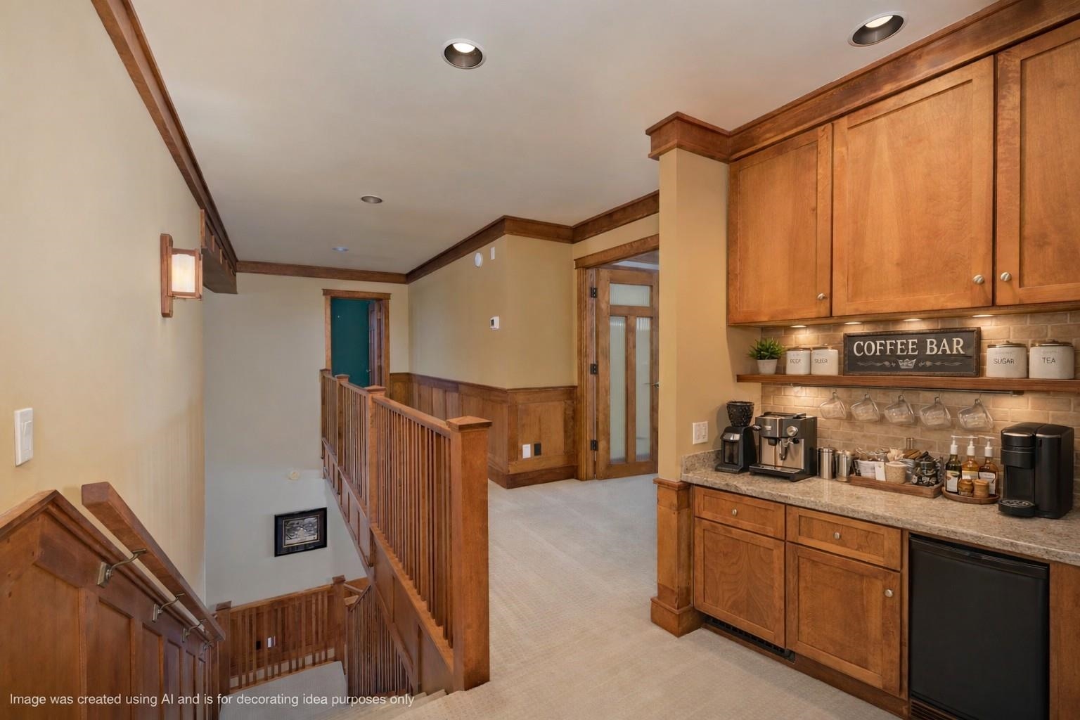 Wood-trimmed stair landing with a built-in coffee bar and staircase.