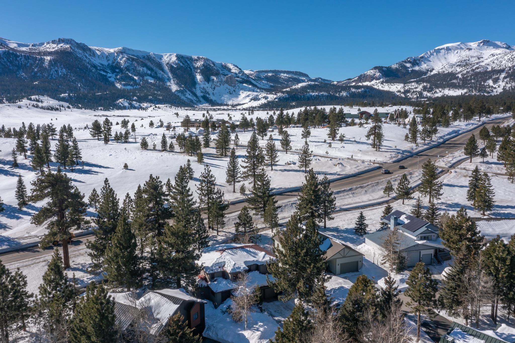 Snow-covered homes and pine trees beside a winding road, with snowy mountains in the background.