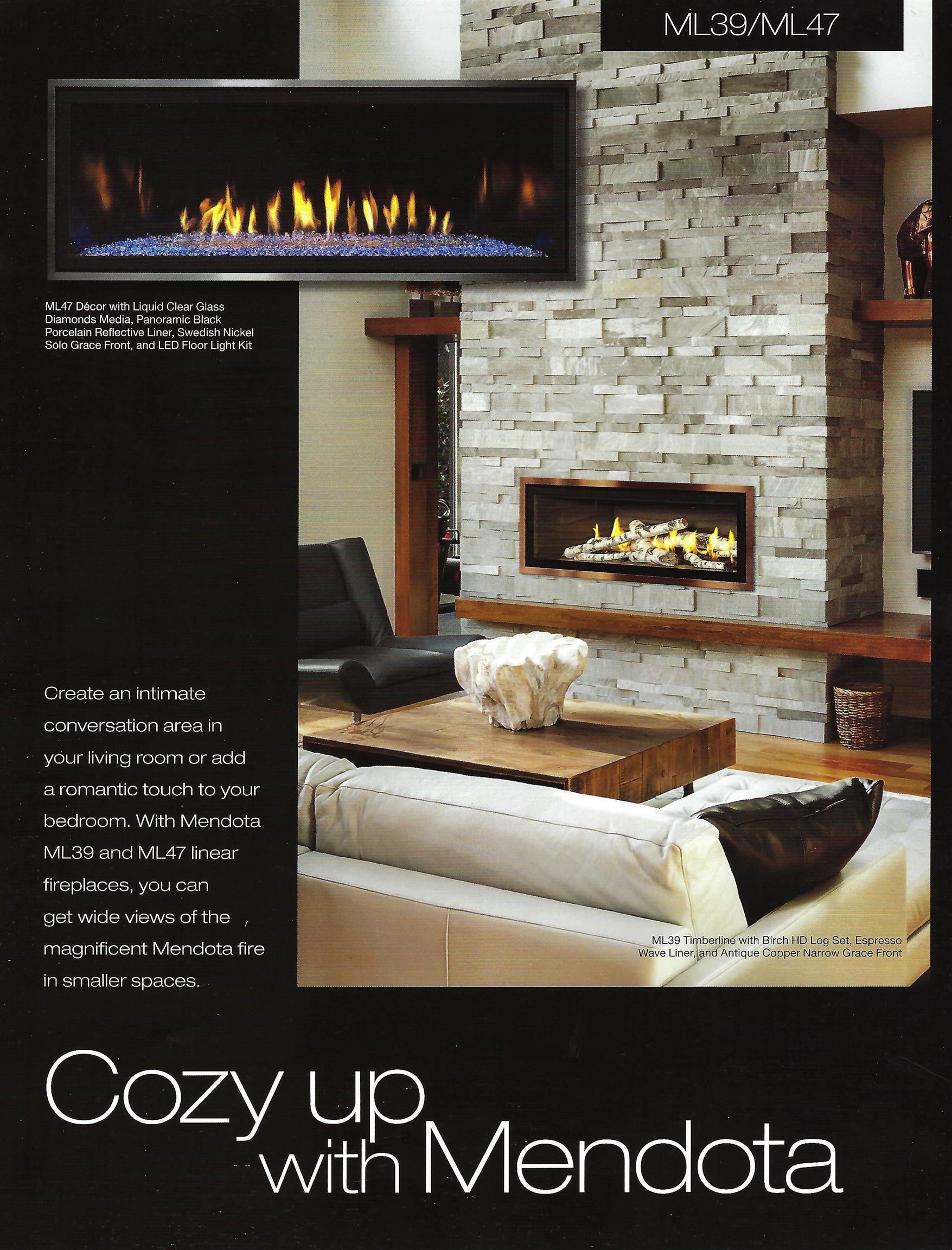 Mendota ML39/ML47 fireplace advertisement featuring a lit fireplace in a stacked-stone wall and furnished living room.