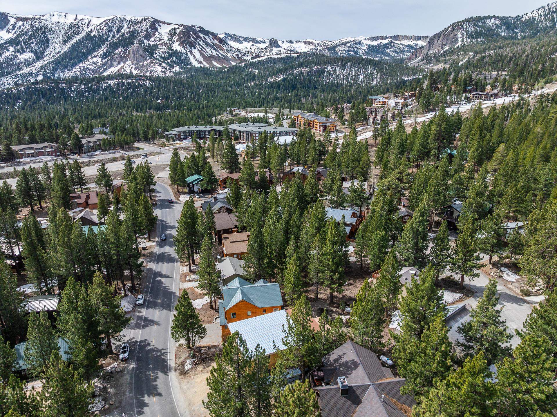 Aerial view of a pine-covered neighborhood beneath snow-covered mountain peaks.