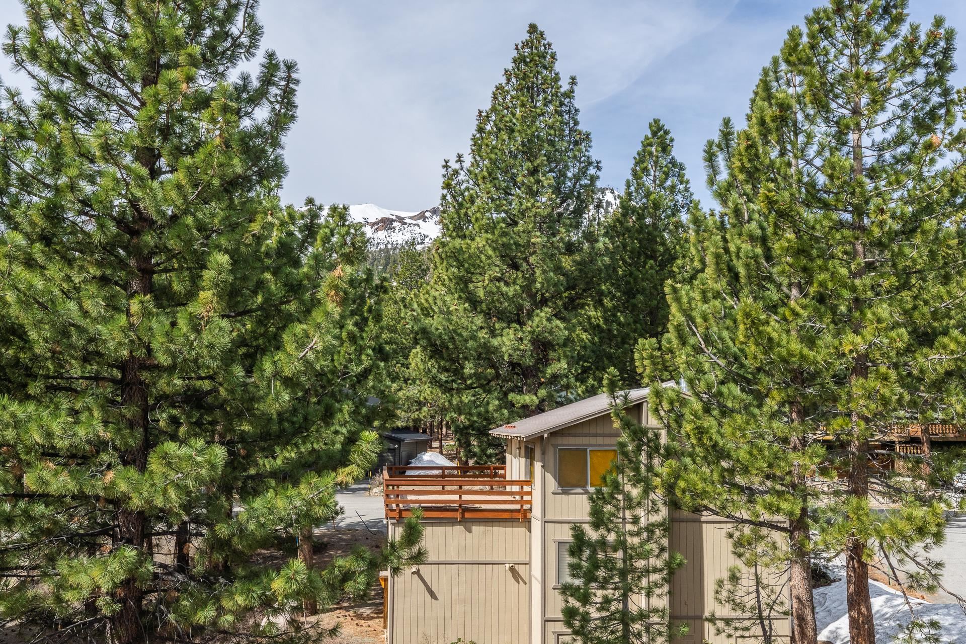 Beige two-story home among pines, with a wooden balcony and snow-covered mountains in the distance.