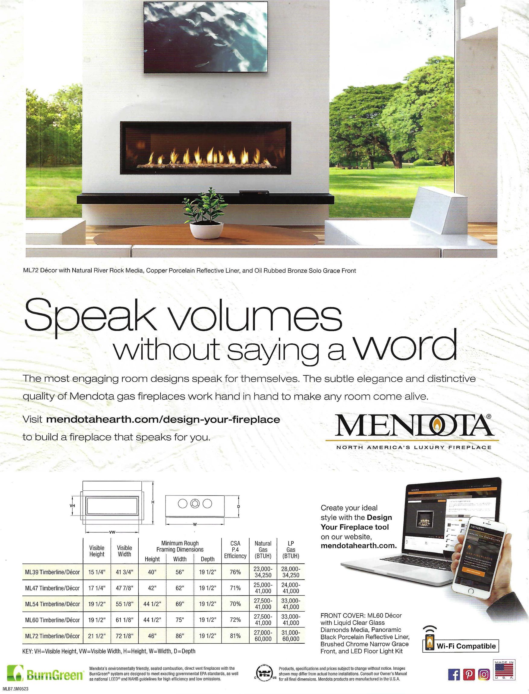 Mendota gas fireplace flyer featuring a linear fireplace, product specifications, and a design-your-fireplace promotion.