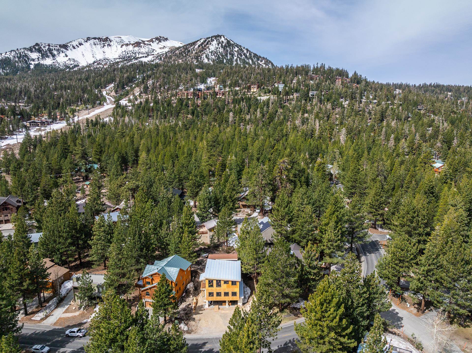 Aerial view of homes among pine trees, with a partially built house and snowy mountain peaks beyond.