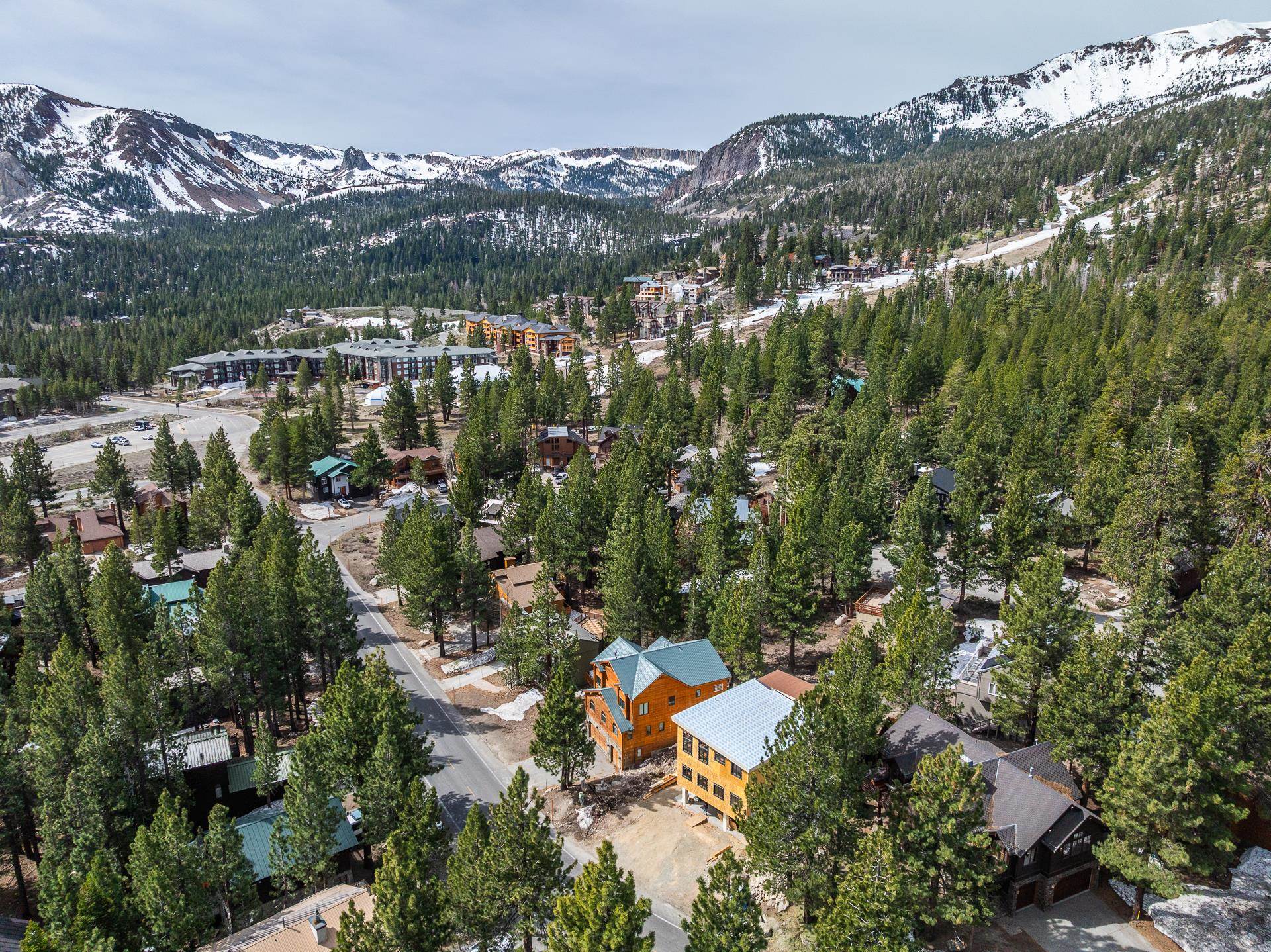 Aerial view of a pine-covered Mammoth Lakes neighborhood beneath snow-covered mountains.