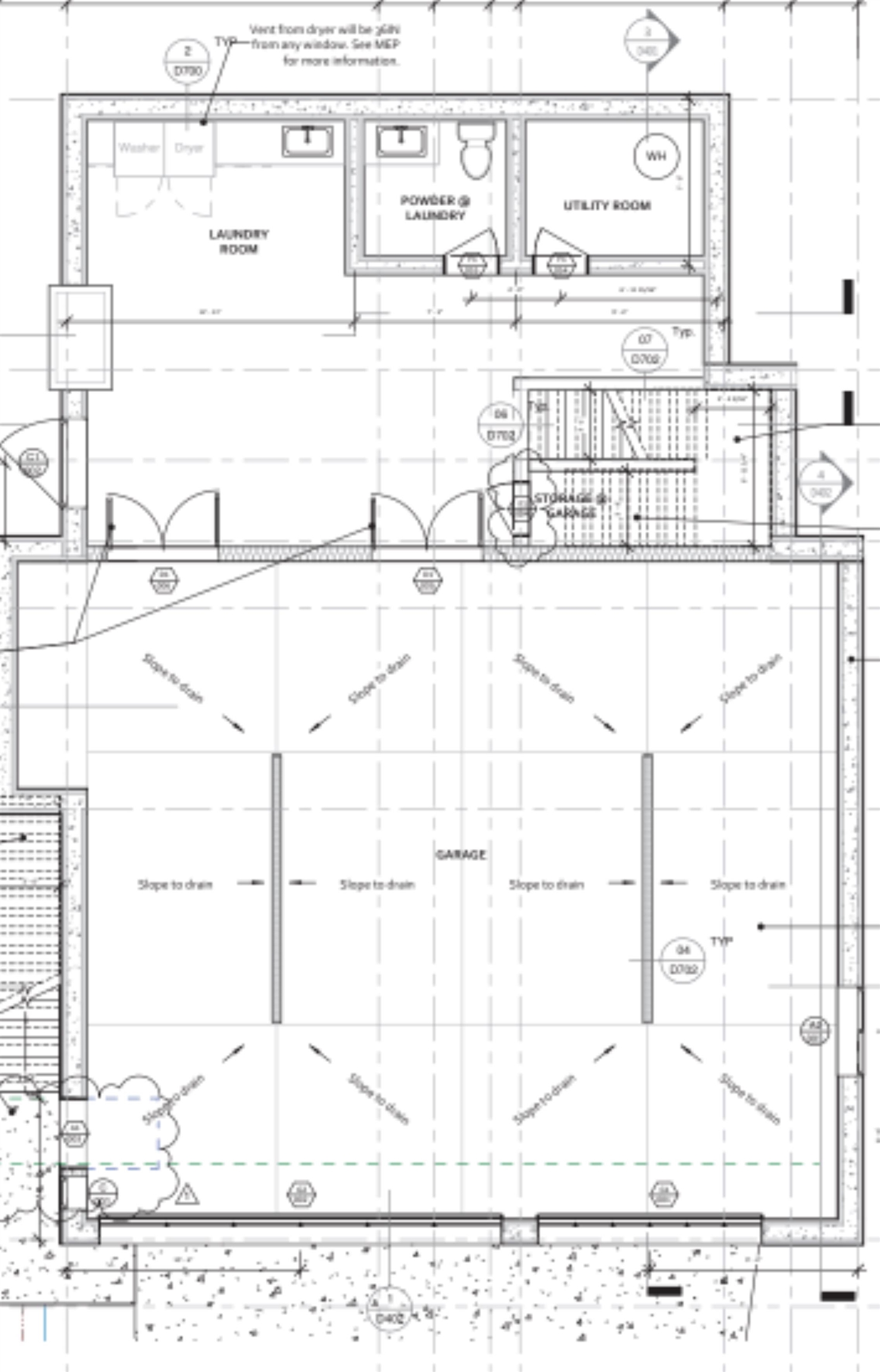 Floor plan of a garage with adjacent laundry, powder, and utility rooms.