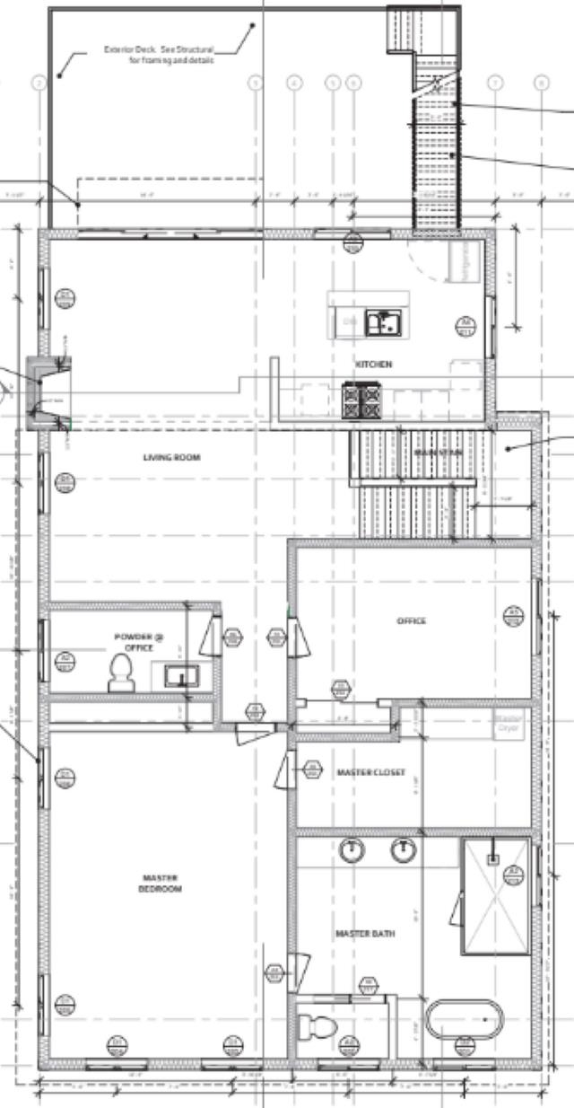 Floor plan showing a living room, kitchen, office, master bedroom, bath, and exterior deck.