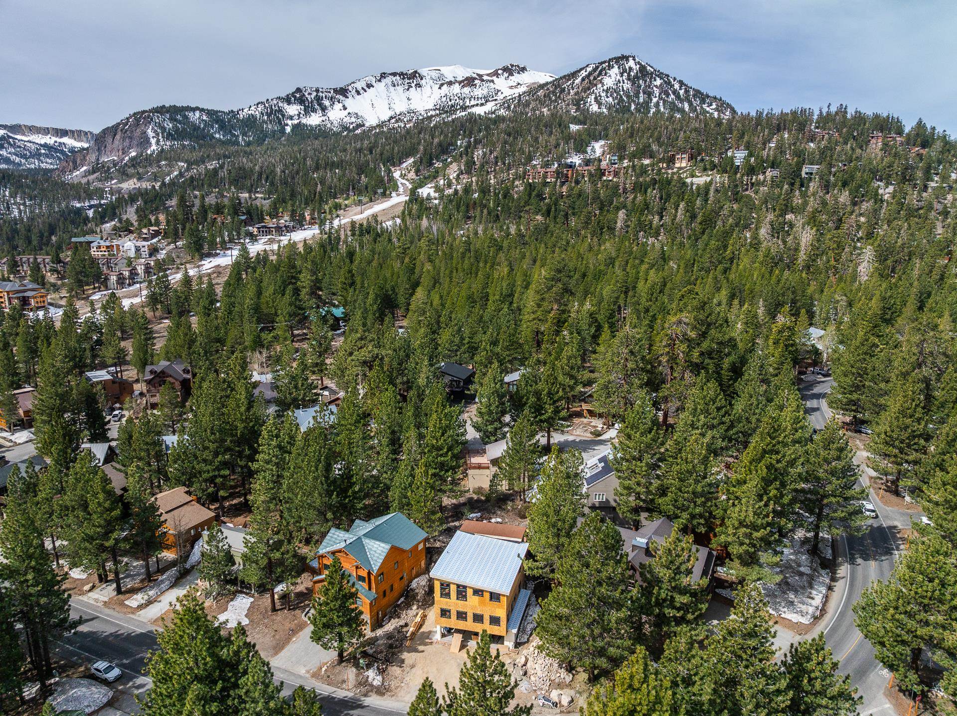 Aerial view of pine-covered Mammoth Lakes homes with snow-capped mountains behind them.