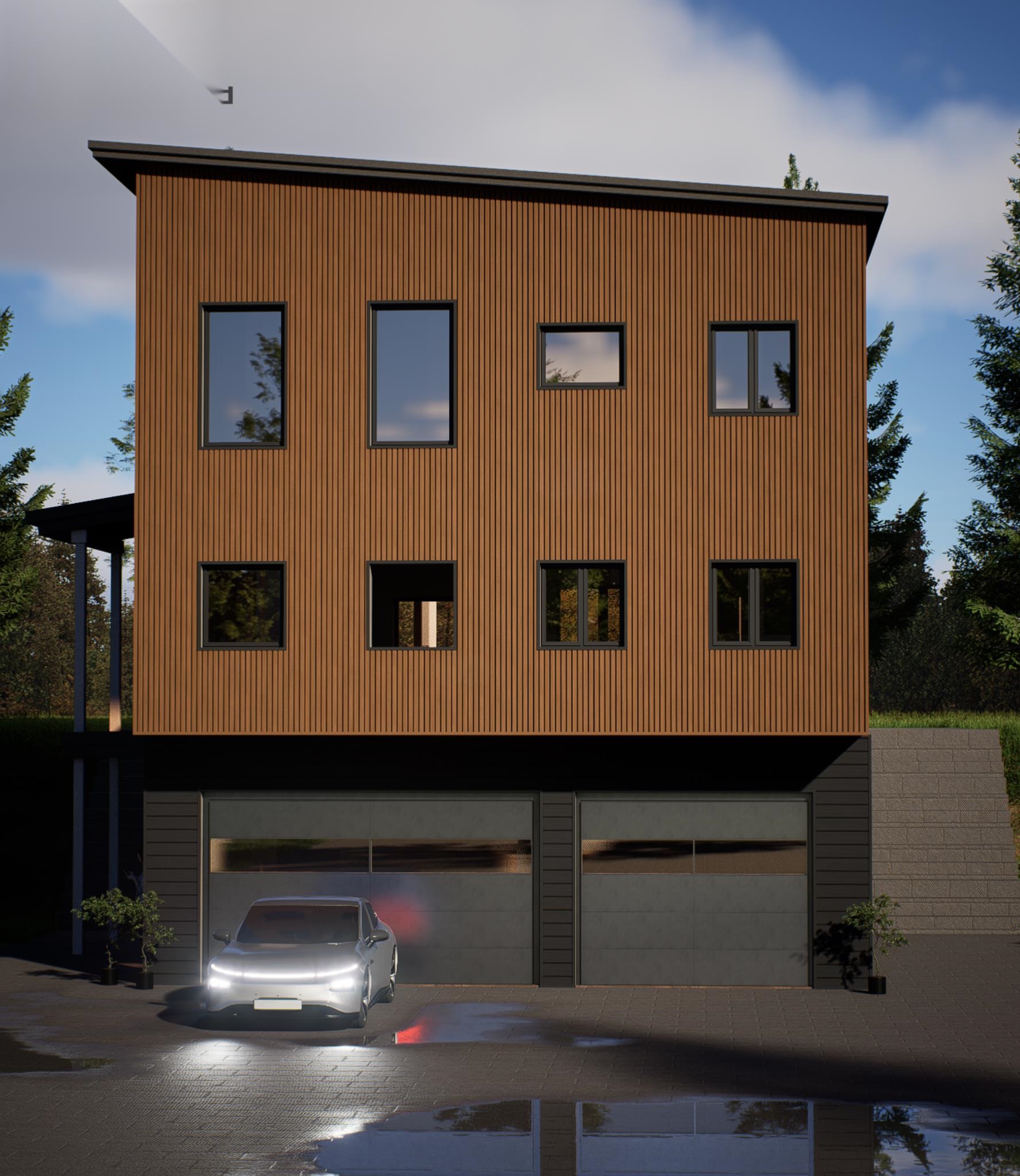 Modern wood-clad house with two garage doors, a white car, and a reflective paved driveway.