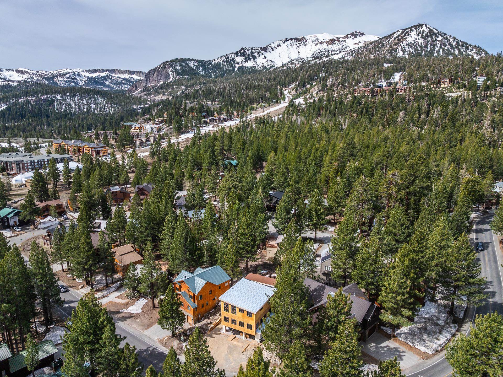 Aerial view of homes among pines, with snow-dusted mountains behind them.