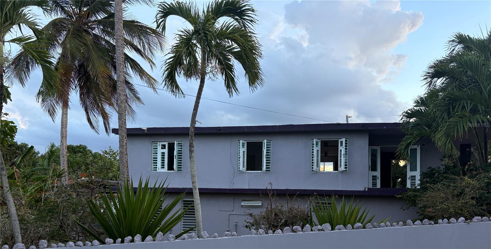 Gray two-story home with open white shutters, framed by mature palm trees.