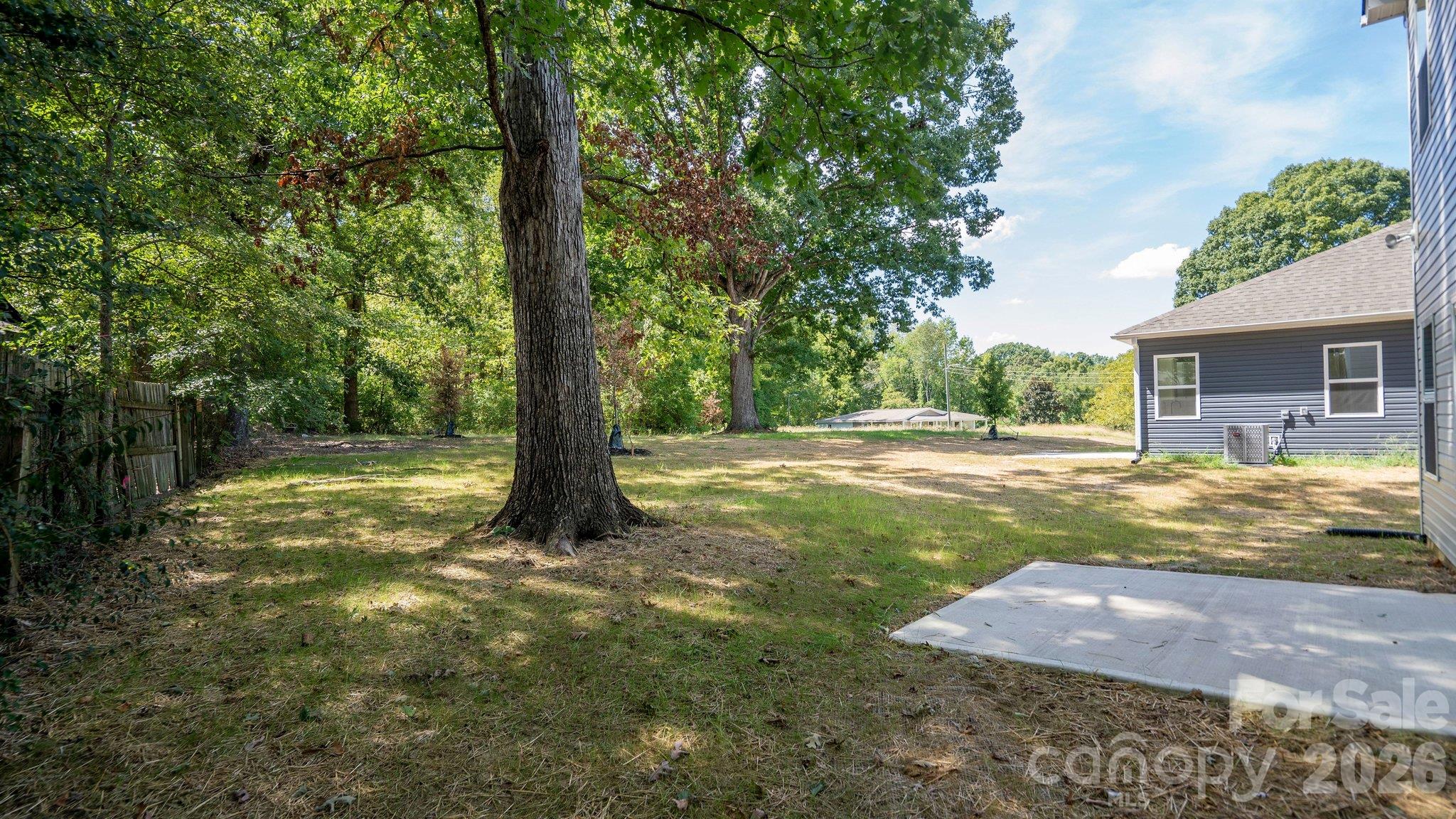 Backyard with a large shade tree, wooded edges, patchy lawn, and concrete patio beside the house.